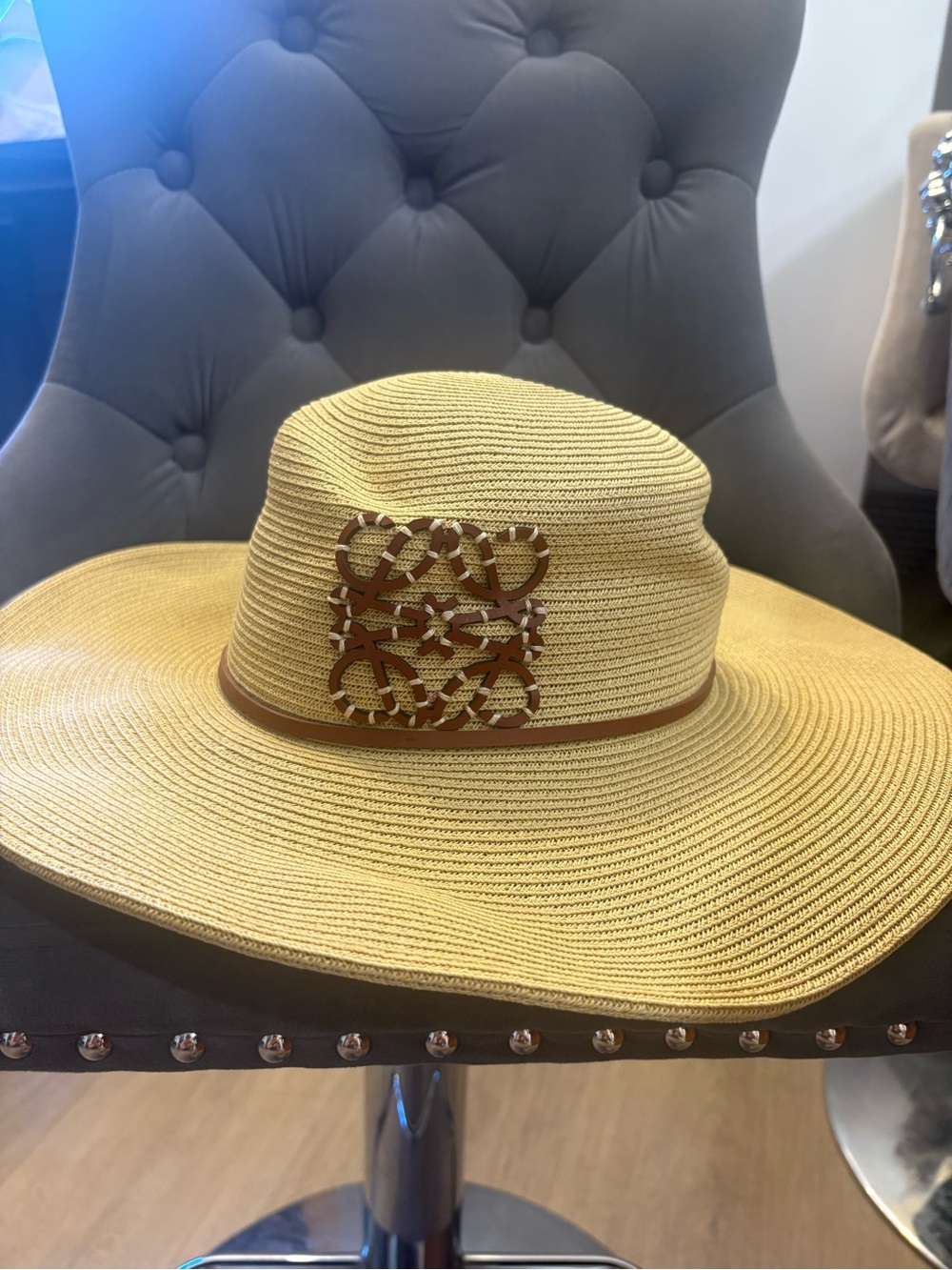 Loewe Yellow Straw Wide-Brim Hat with Leather Trim and Decorative Emblem
